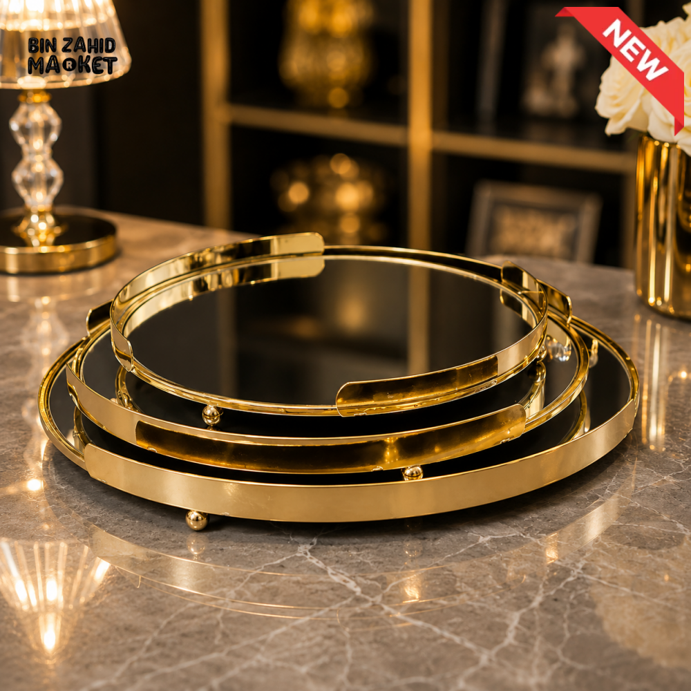 GOLD ROUND MIRRORED DECORATIVE TRAY SET