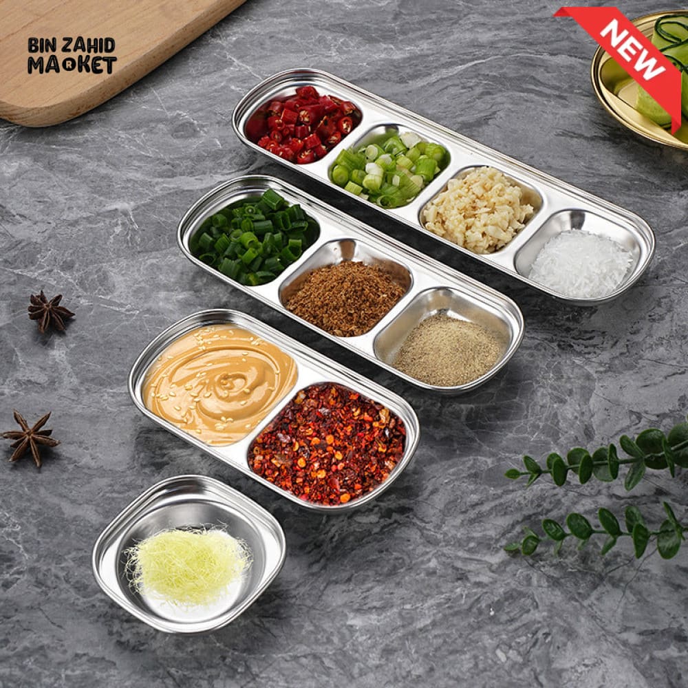 GOLDEN 3 PARTITION STAINLESS STEEL DIP BOWLS – LUXURY SAUCE PLATE & SEASONING TRAY FOR BBQ VINEGAR SPICES KETCHUP SALT