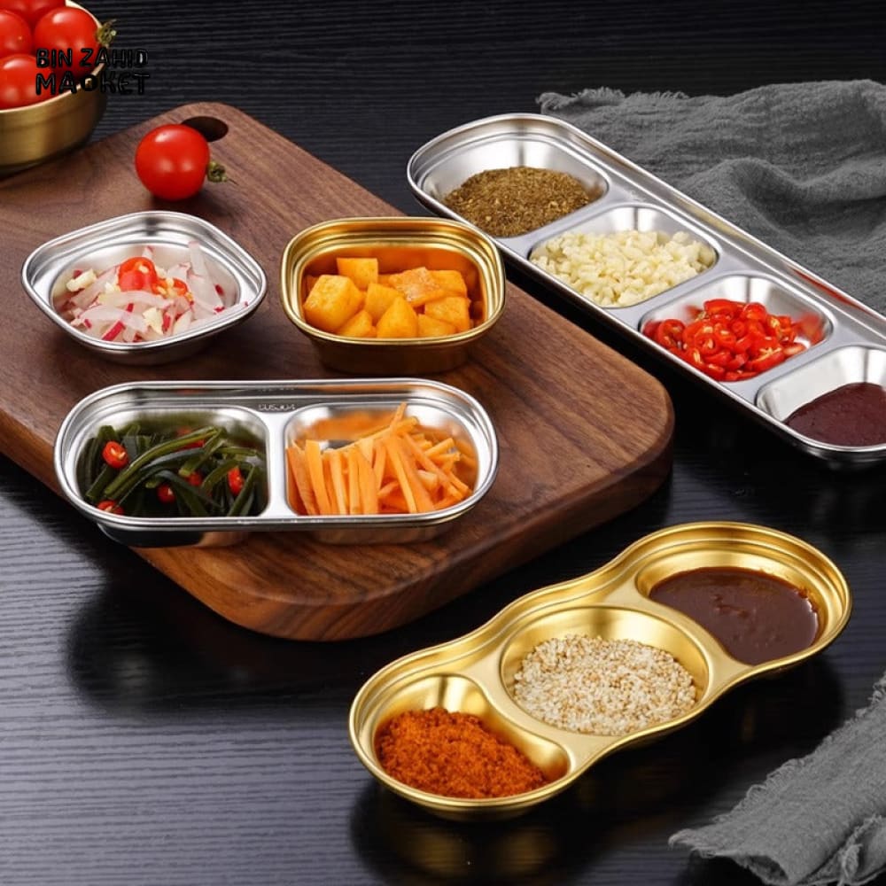 GOLDEN 3 PARTITION STAINLESS STEEL DIP BOWLS – LUXURY SAUCE PLATE & SEASONING TRAY FOR BBQ VINEGAR SPICES KETCHUP SALT