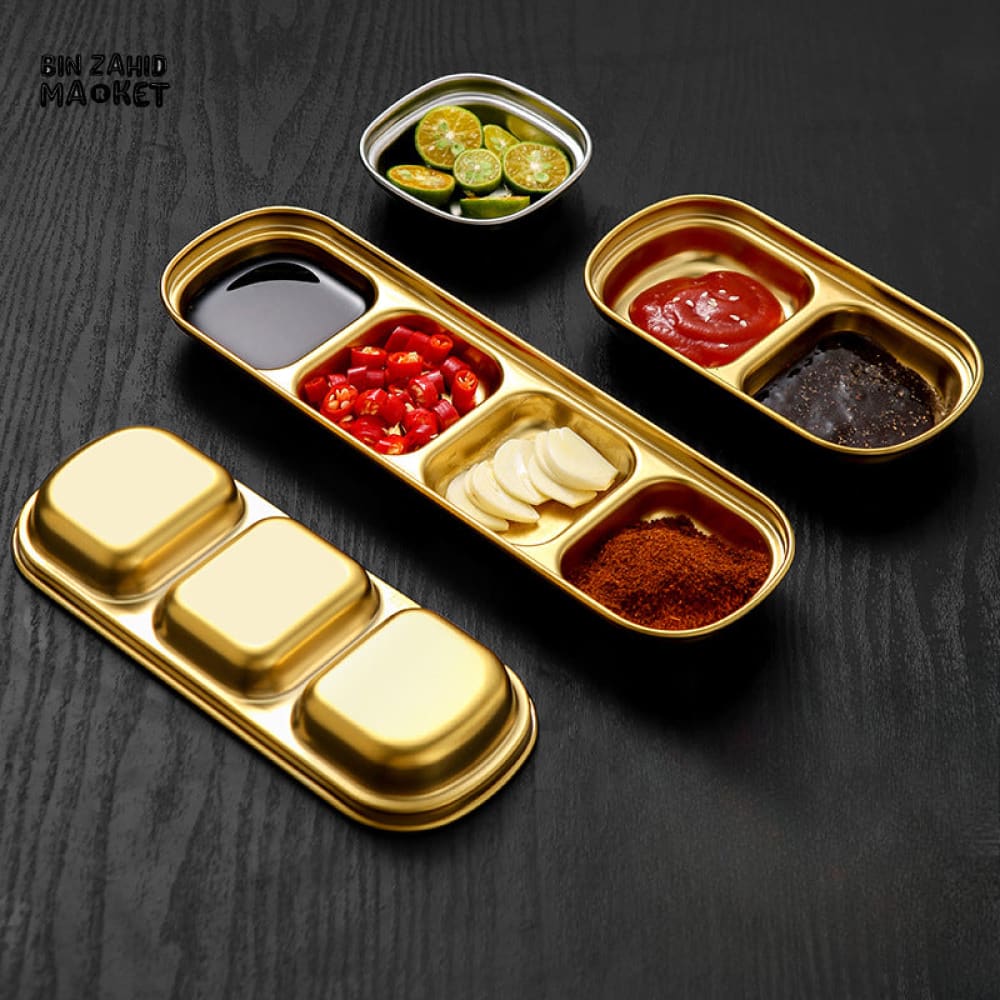 GOLDEN 3 PARTITION STAINLESS STEEL DIP BOWLS – LUXURY SAUCE PLATE & SEASONING TRAY FOR BBQ VINEGAR SPICES KETCHUP SALT