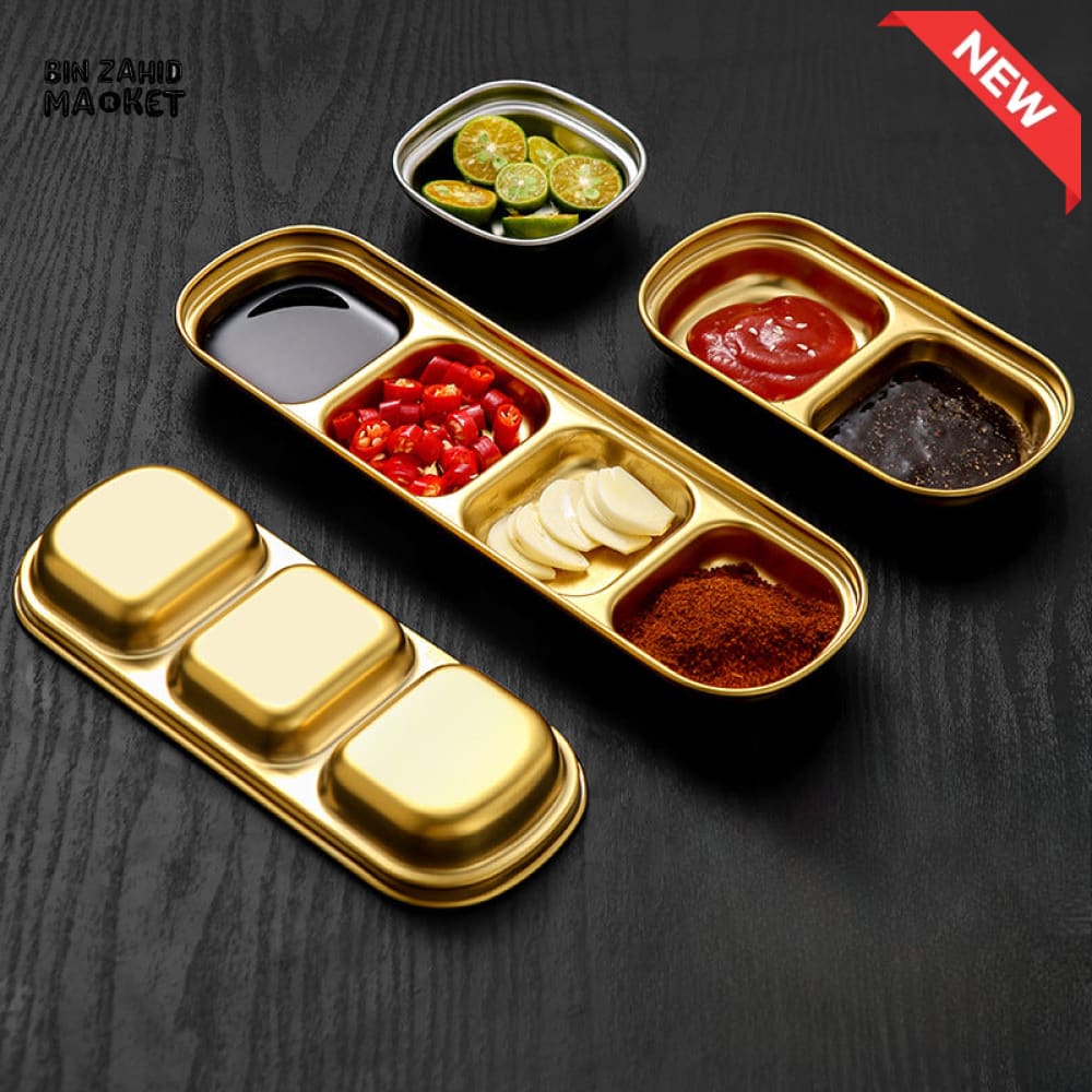 GOLDEN 3 PARTITION STAINLESS STEEL DIP BOWLS – LUXURY SAUCE PLATE & SEASONING TRAY FOR BBQ VINEGAR SPICES KETCHUP SALT