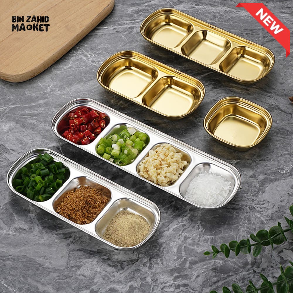 GOLDEN 3 PARTITION STAINLESS STEEL DIP BOWLS – LUXURY SAUCE PLATE & SEASONING TRAY FOR BBQ VINEGAR SPICES KETCHUP SALT