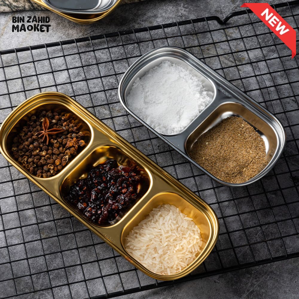 GOLDEN 3 PARTITION STAINLESS STEEL DIP BOWLS – LUXURY SAUCE PLATE & SEASONING TRAY FOR BBQ VINEGAR SPICES KETCHUP SALT