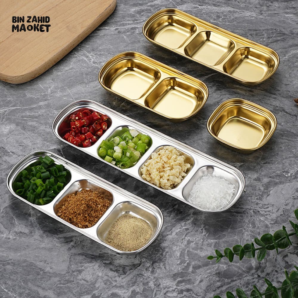 GOLDEN 3 PARTITION STAINLESS STEEL DIP BOWLS – LUXURY SAUCE PLATE & SEASONING TRAY FOR BBQ VINEGAR SPICES KETCHUP SALT