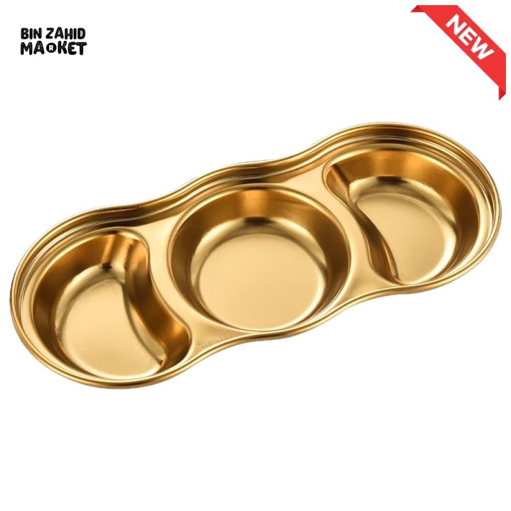 GOLDEN 3 PARTITION STAINLESS STEEL DIP BOWLS – LUXURY SAUCE PLATE & SEASONING TRAY FOR BBQ VINEGAR SPICES KETCHUP SALT