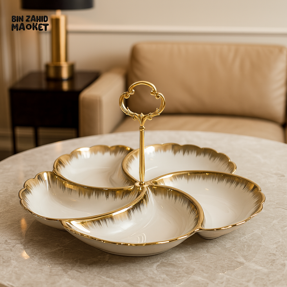 GOLDEN 5 COMPARTMENT PORCELAIN SERVING TRAY WITH HANDLE – LUXURY PETAL DISH FOR SNACKS & DRY FRUITS
