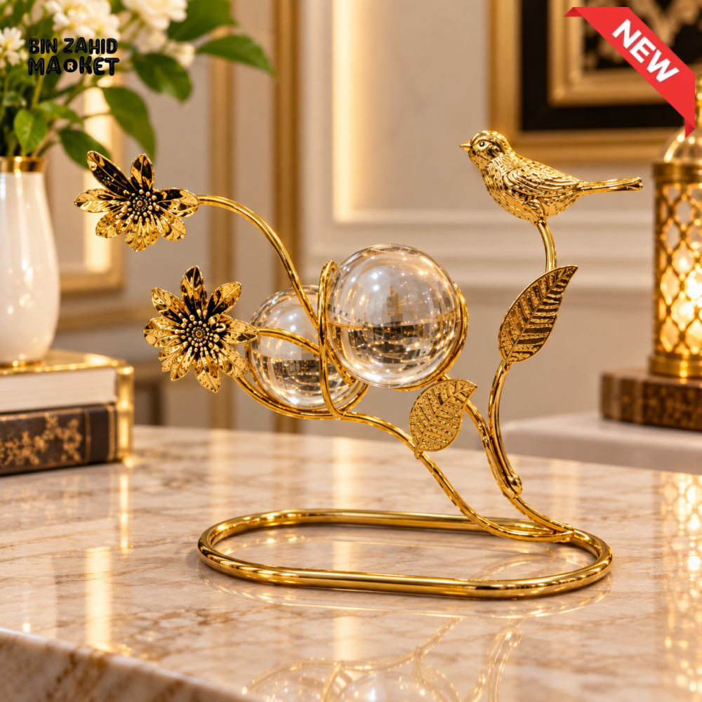 GOLDEN BIRD & FLOWER CRYSTAL BALL DECORATIVE SCULPTURE - Sculptures