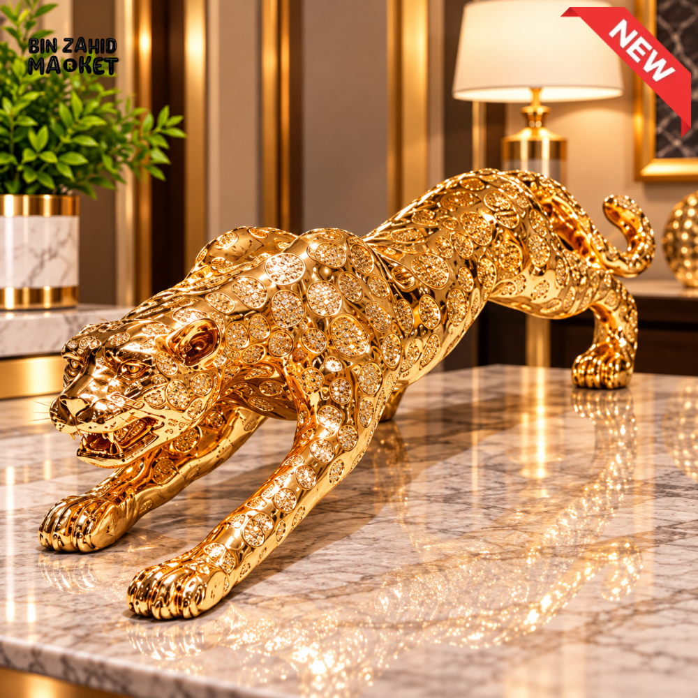 GOLDEN CROUCHING LEOPARD DECORATIVE SHOWPIECE