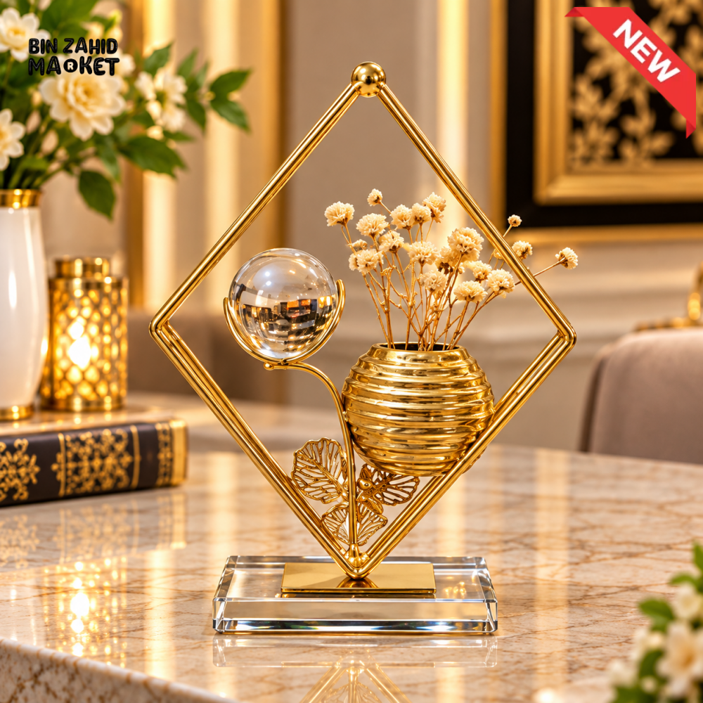 GOLDEN DIAMOND FRAME FLOWER VASE & CRYSTAL BALL DECORATIVE SCULPTURE - Sculptures