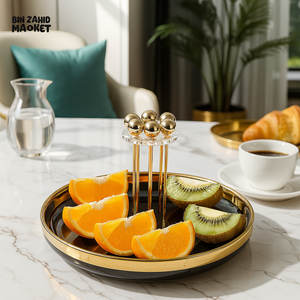 GOLDEN FRUIT SKEWER SET ON LUXURY TRAY – ELEGANT BREAKFAST DISPLAY FOR VILLAS & HOTELS - BLACK