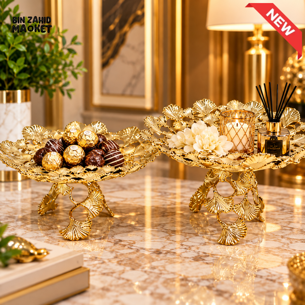 GOLDEN GINKGO LEAF PEDESTAL DECORATIVE TRAY