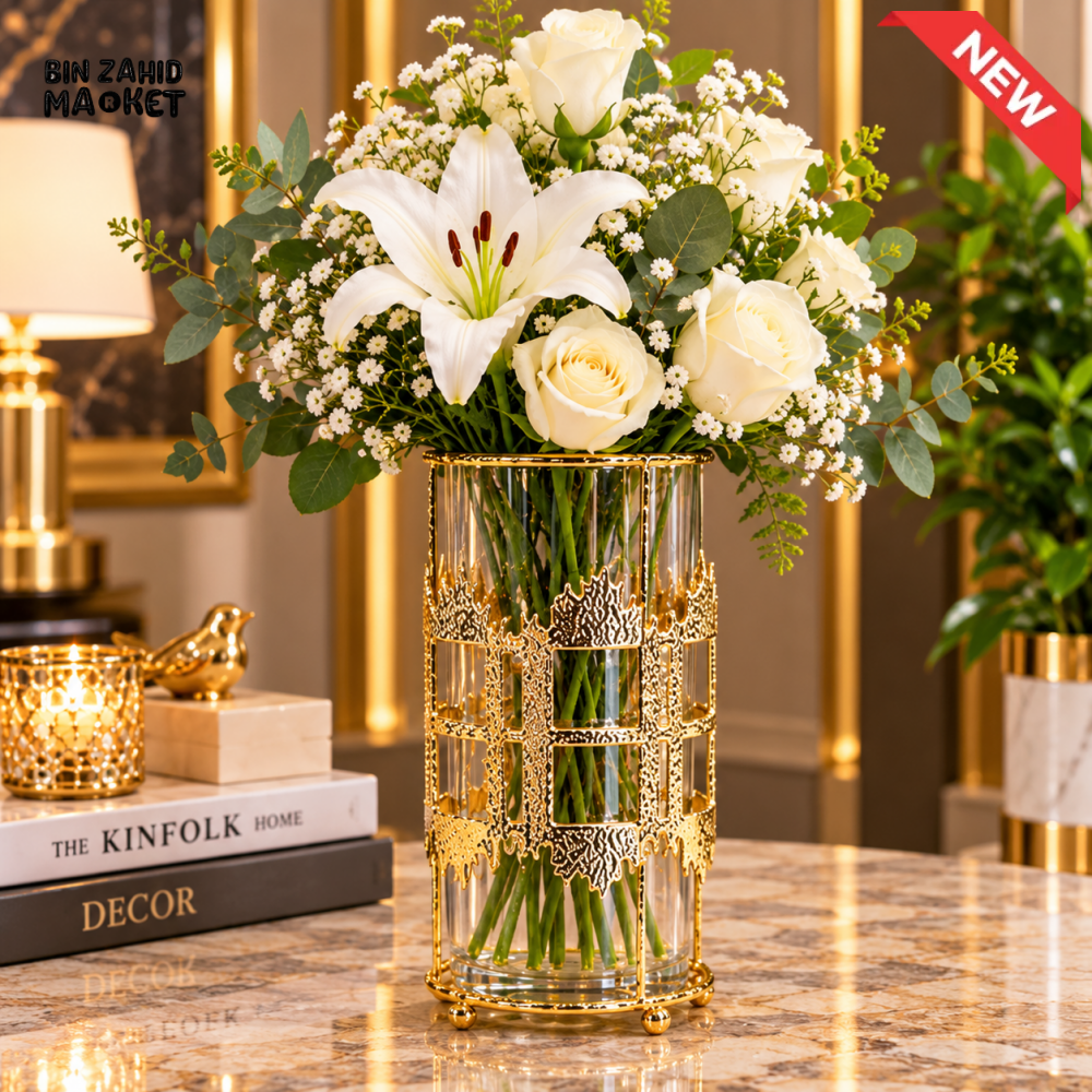 GOLDEN GLASS FLORAL DECORATIVE VASE