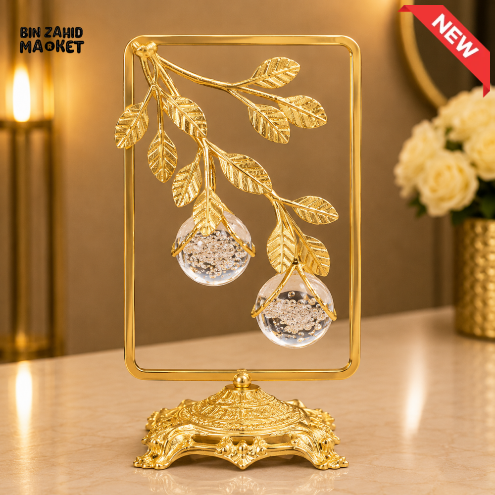 GOLDEN LEAF BRANCH DOUBLE CRYSTAL ORB DECORATIVE ORNAMENT