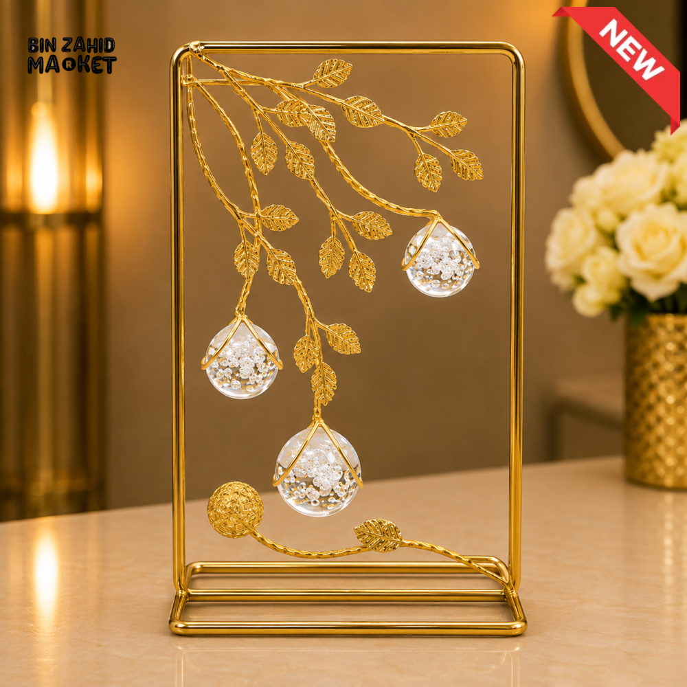 GOLDEN LEAF BRANCH TRIPLE CRYSTAL ORB DECORATIVE ORNAMENT