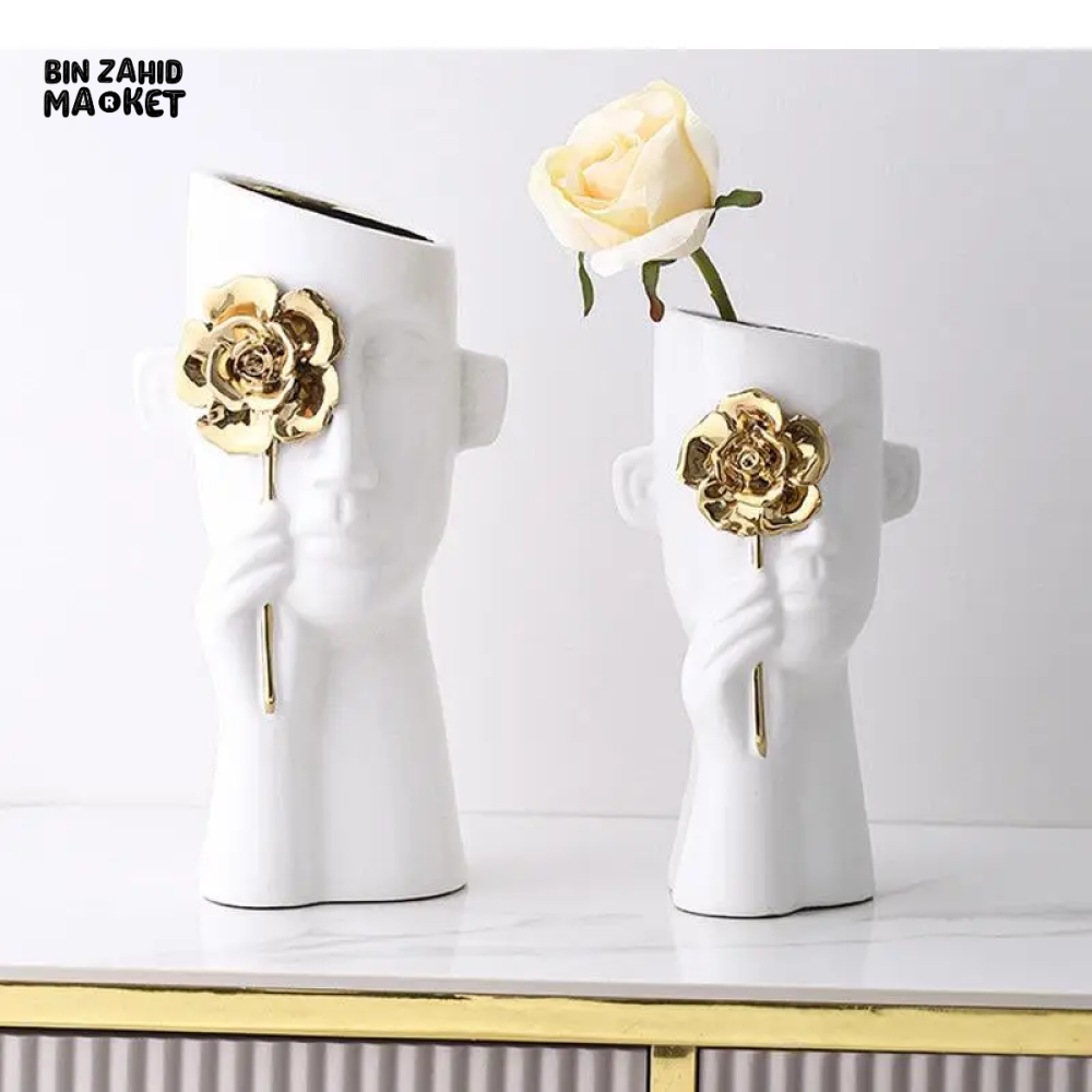 GOLDEN ROSE CERAMIC VASE - MODERN DESK DECOR & FLOWER ARRANGEMENT