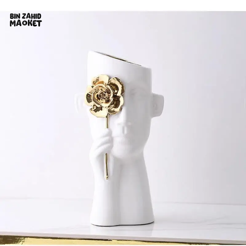 GOLDEN ROSE CERAMIC VASE - MODERN DESK DECOR & FLOWER ARRANGEMENT