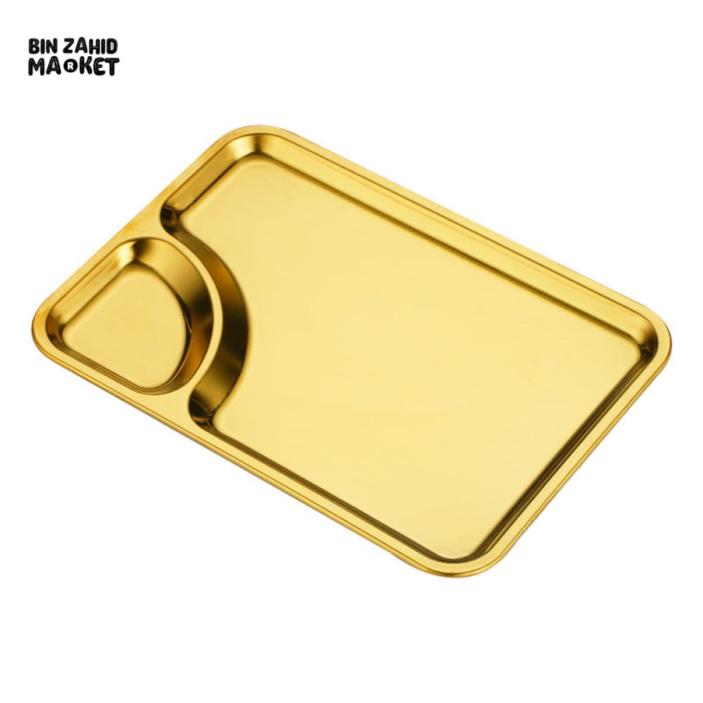 GOLDEN STAINLESS STEEL RECTANGULAR SERVING TRAY WITH SAUCE COMPARTMENT – 22×16 CM