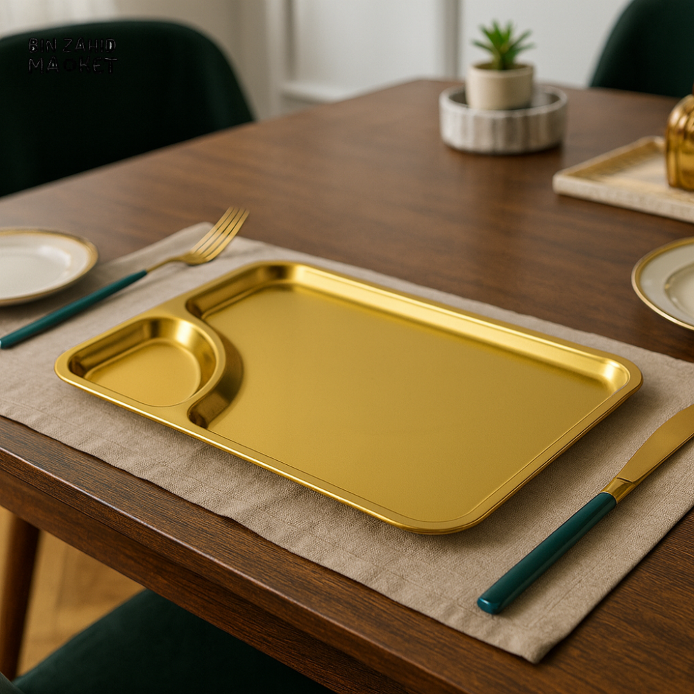 GOLDEN STAINLESS STEEL RECTANGULAR SERVING TRAY WITH SAUCE COMPARTMENT – 22×16 CM