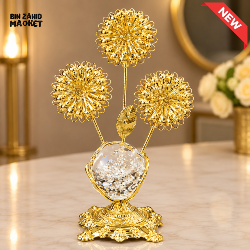 GOLDEN TRIPLE FLOWER CRYSTAL ORB DECORATIVE ORNAMENT