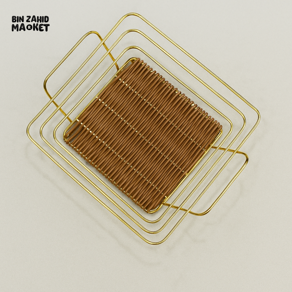 GOLDEN WIRE SQUARE KITCHEN COUNTER SHELF BASKET – LUXURY RATTAN STORAGE TRAY FOR HOME & DINING DECOR