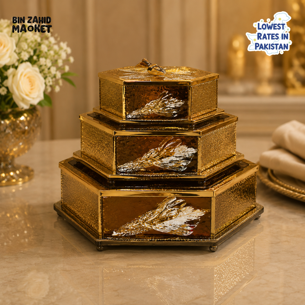 GOLDLUXA 3-PIECE DECORATIVE STORAGE BOX SET - HEXAGONAL SHAPE