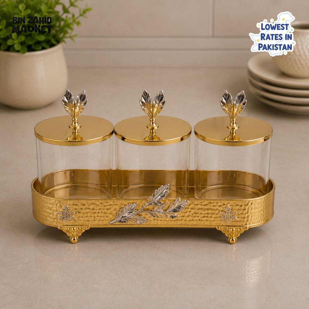 GOLDLUXA 3-PIECE GLASS STORAGE JAR SET WITH TRAY