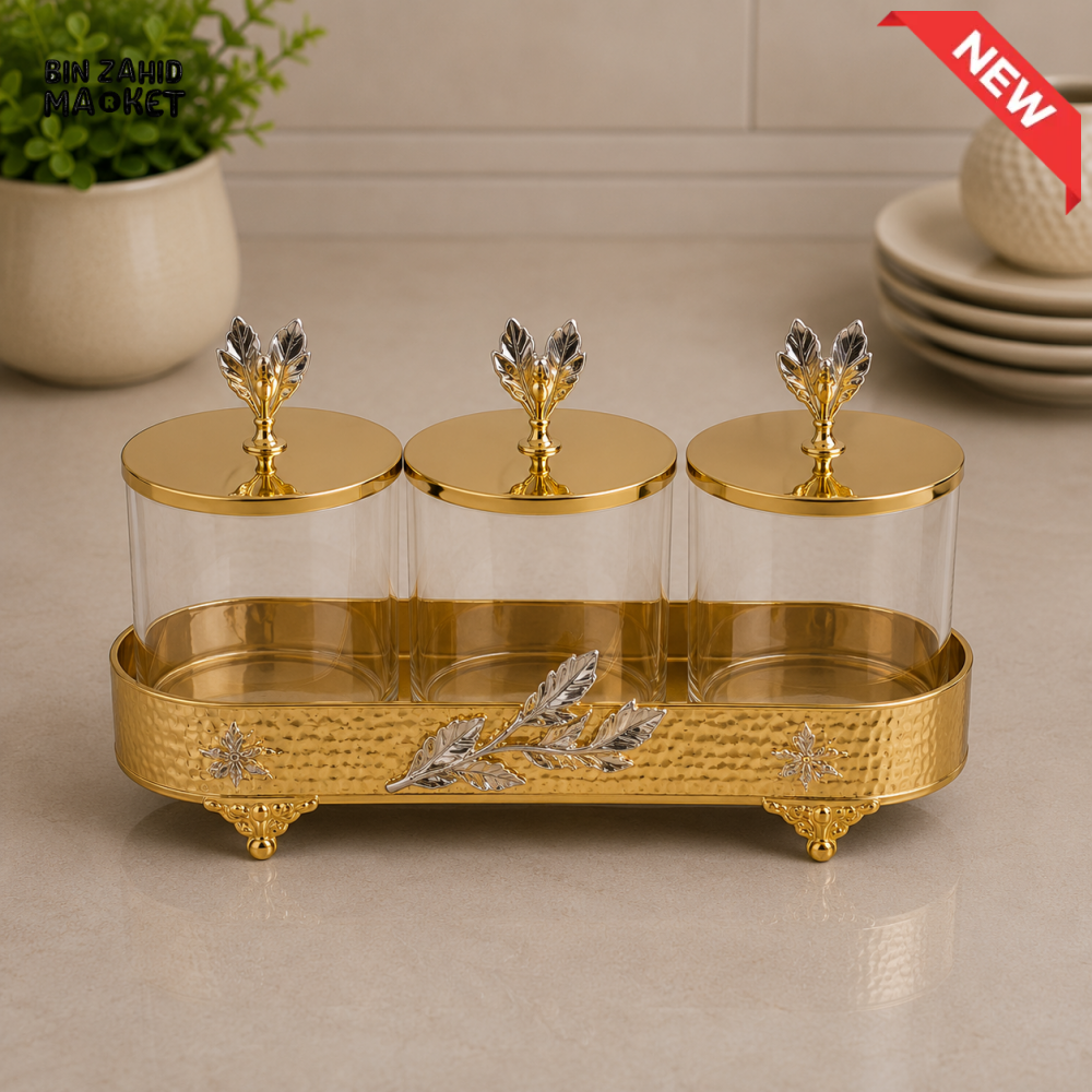 GOLDLUXA 3-PIECE GLASS STORAGE JAR SET WITH TRAY