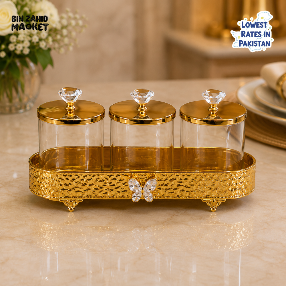 GOLDLUXA 3-PIECE GLASS STORAGE JAR SET WITH TRAY