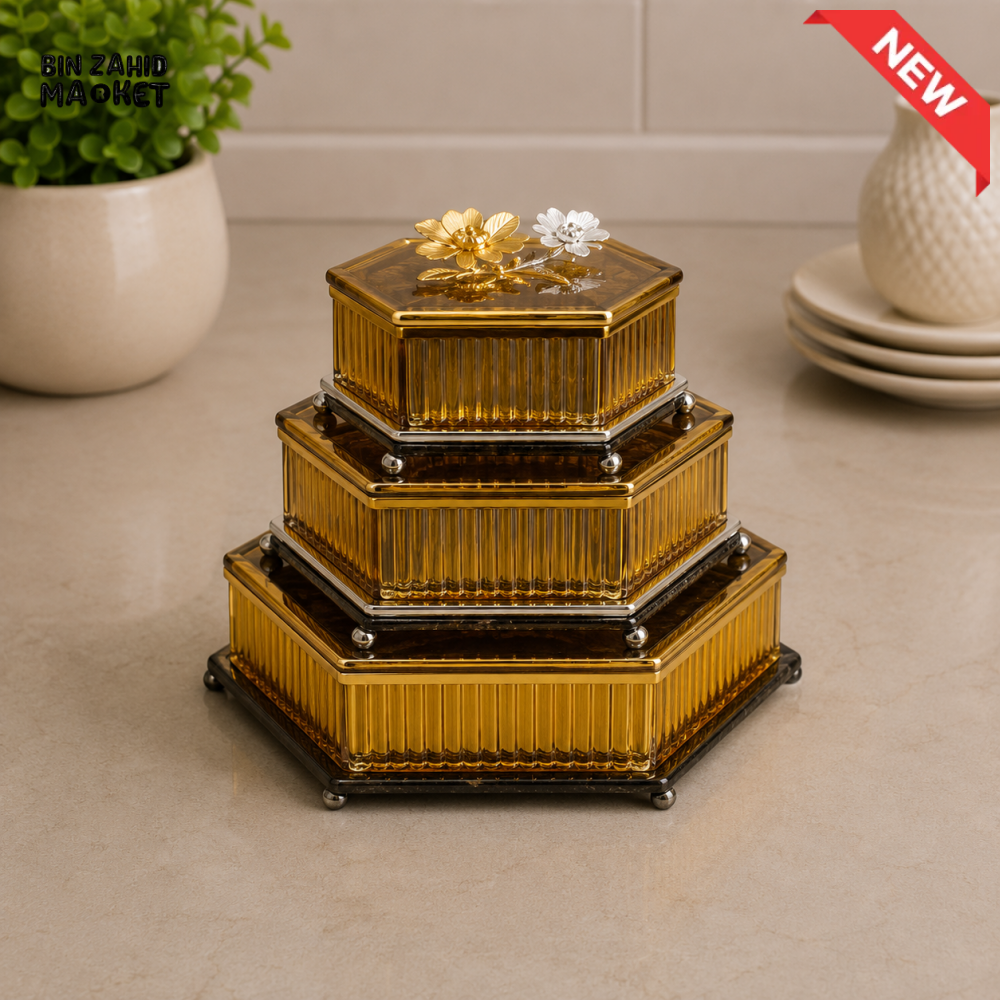 GOLDLUXA 3-PIECE STORAGE CANISTER SET - HEXAGONAL SHAPE