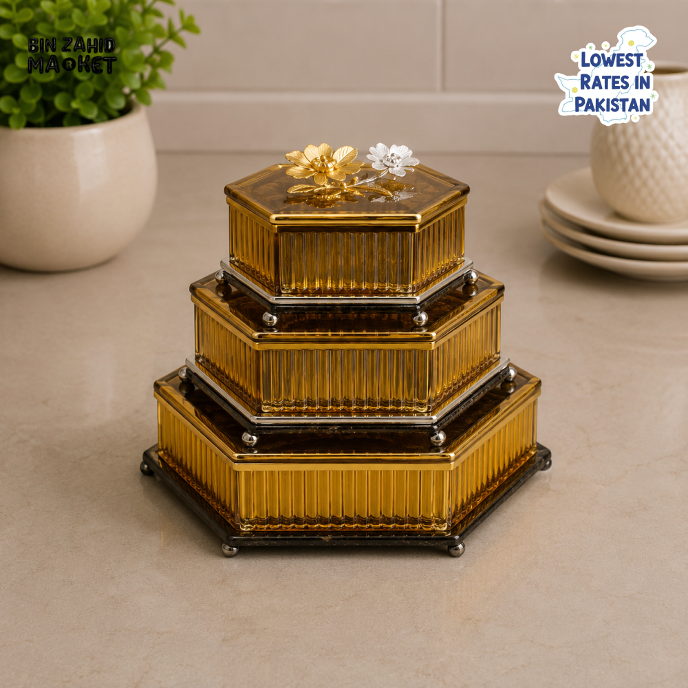 GOLDLUXA 3-PIECE STORAGE CANISTER SET - HEXAGONAL SHAPE