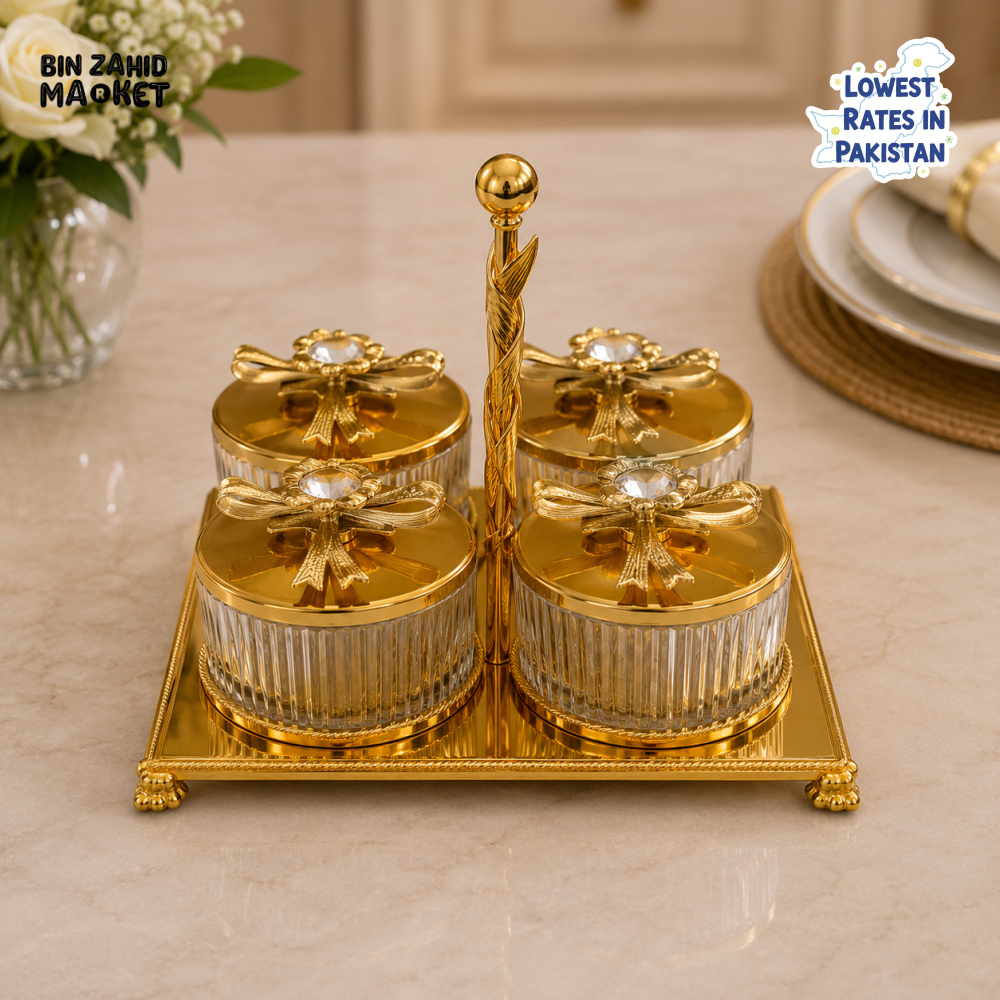 GOLDLUXA 4-PIECE CONDIMENT JAR SET WITH TRAY
