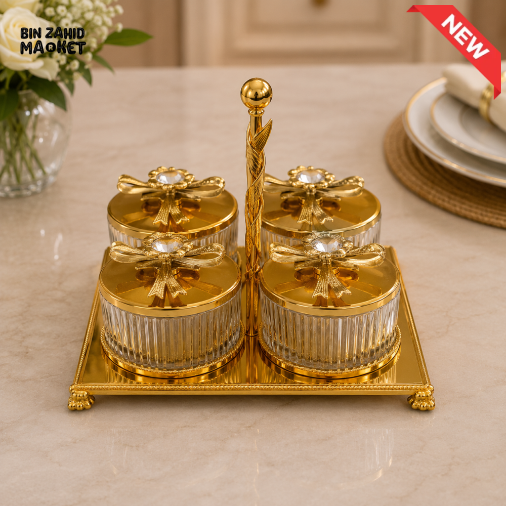 GOLDLUXA 4-PIECE CONDIMENT JAR SET WITH TRAY