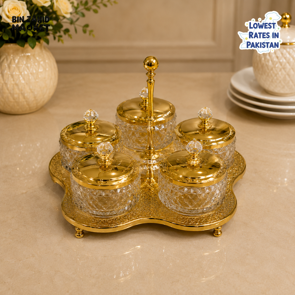 GOLDLUXA 5-PIECE CONDIMENT JAR SET WITH STAND