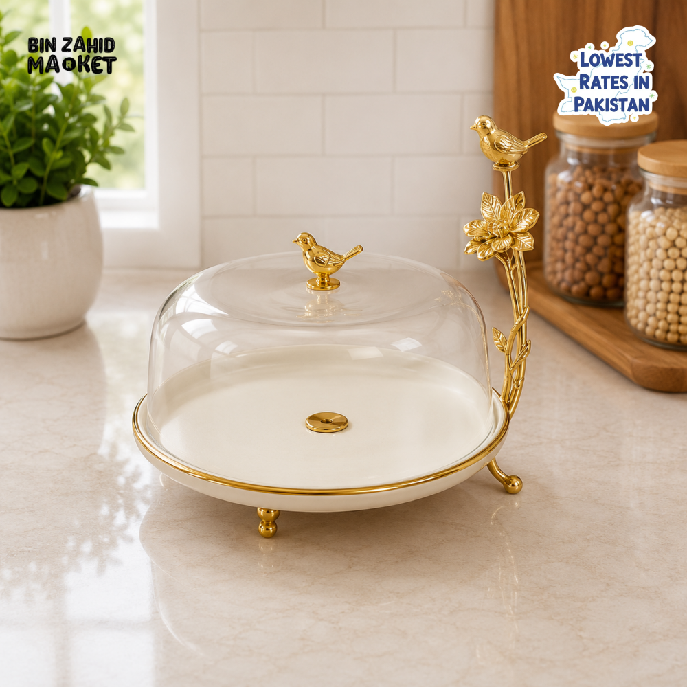 GOLDLUXA CERAMIC CAKE STAND WITH GLASS DOME
