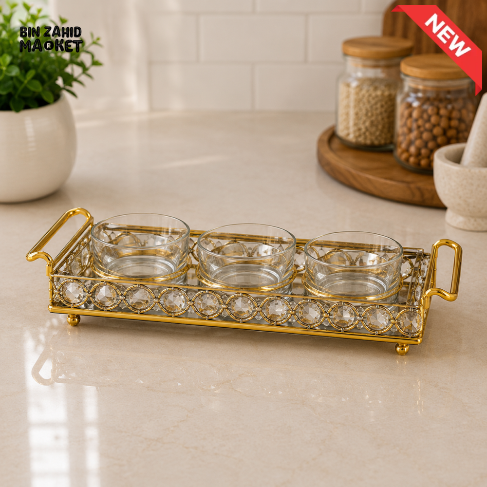 GOLDLUXA GOLD 3-PIECE GLASS CONDIMENT TRAY SET