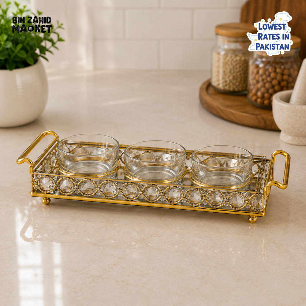 GOLDLUXA GOLD 3-PIECE GLASS CONDIMENT TRAY SET