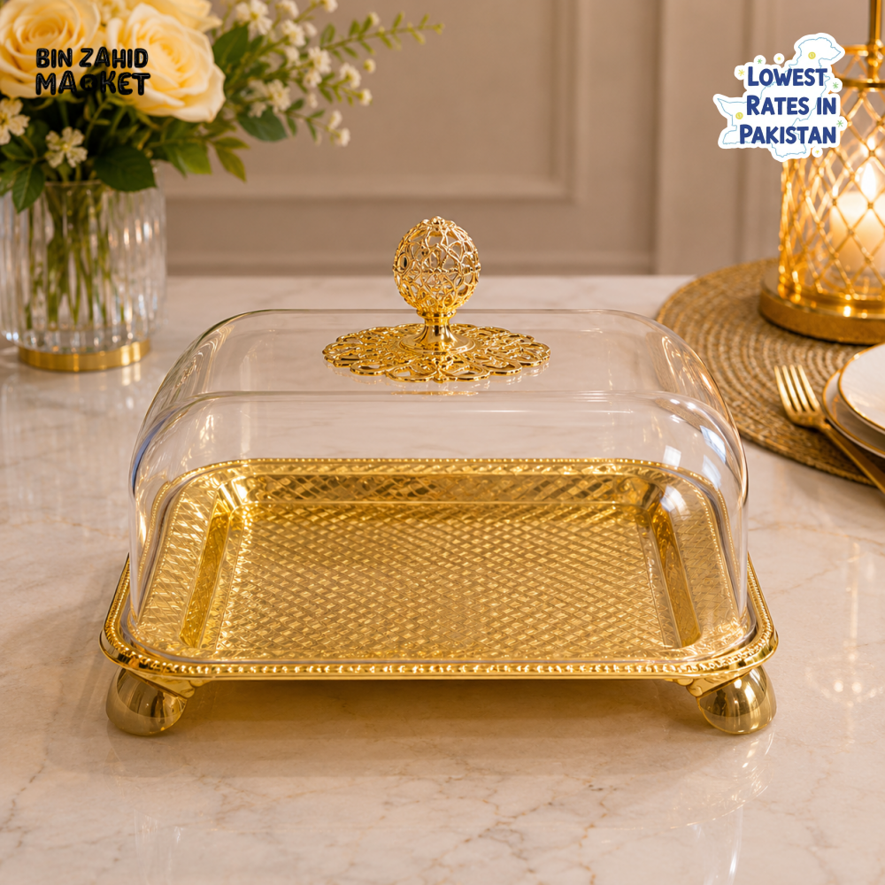 GOLDLUXA RECTANGULAR CAKE STAND WITH ACRYLIC COVER