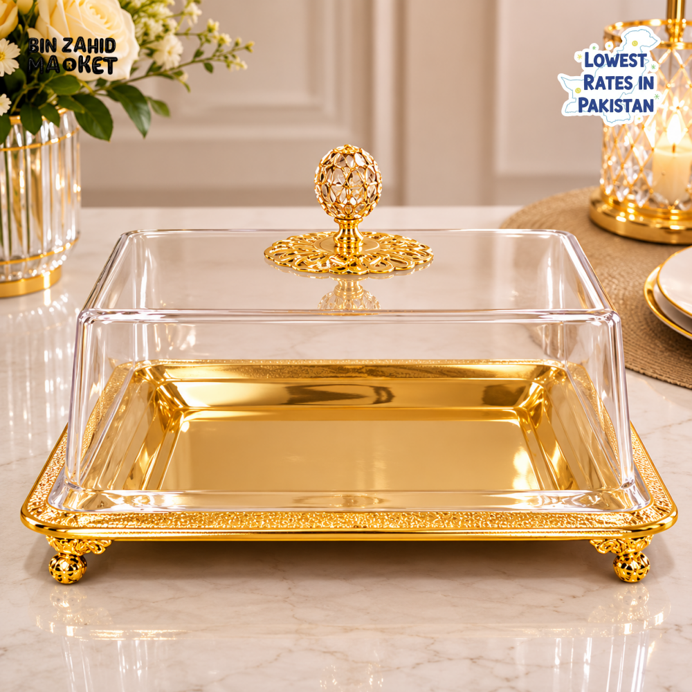 GOLDLUXA RECTANGULAR CAKE STAND WITH ACRYLIC COVER - RECTANGULAR SHAPE