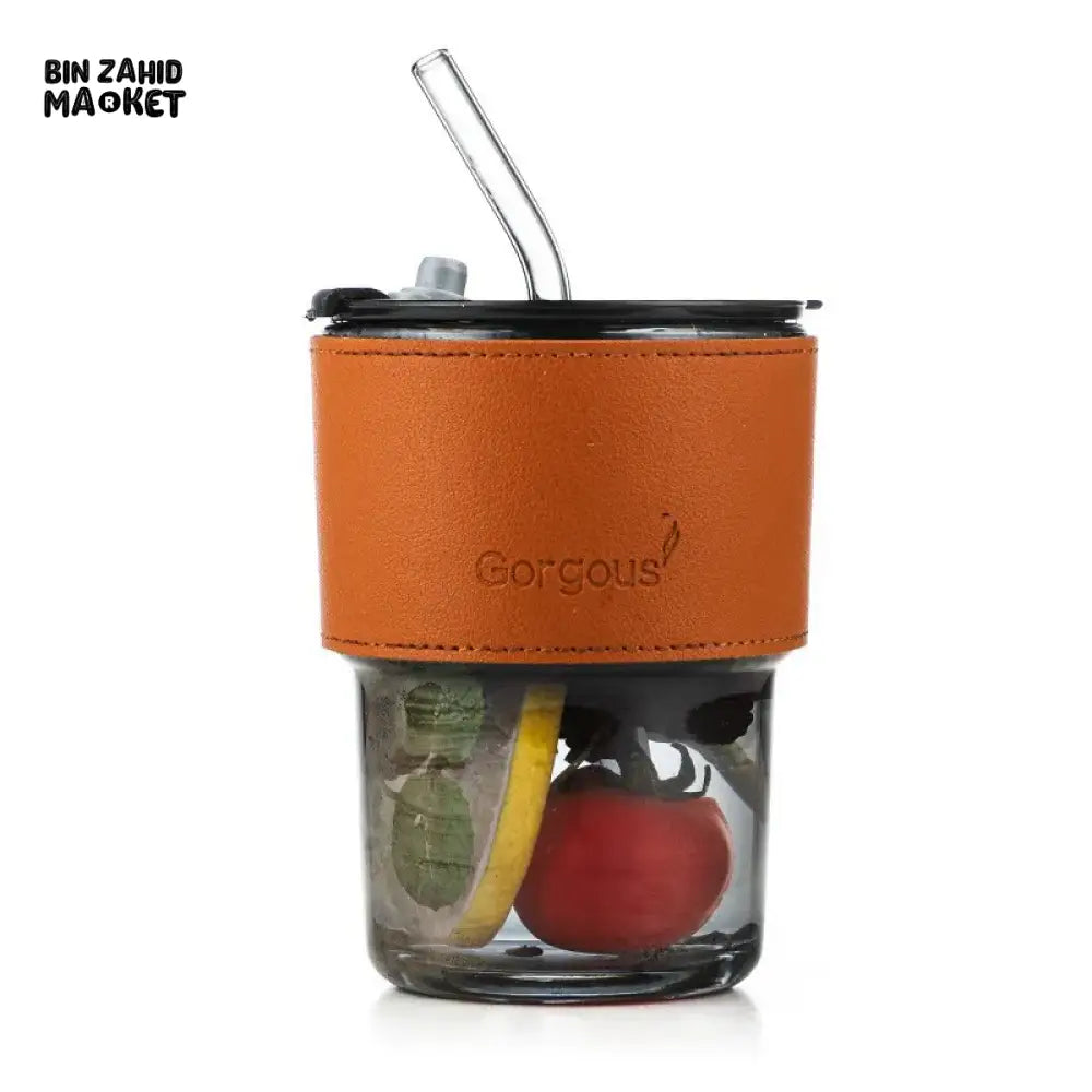 GORGOUS DOUBLE DRINKING GLASS CUP WITH GLASS STRAW 450ML