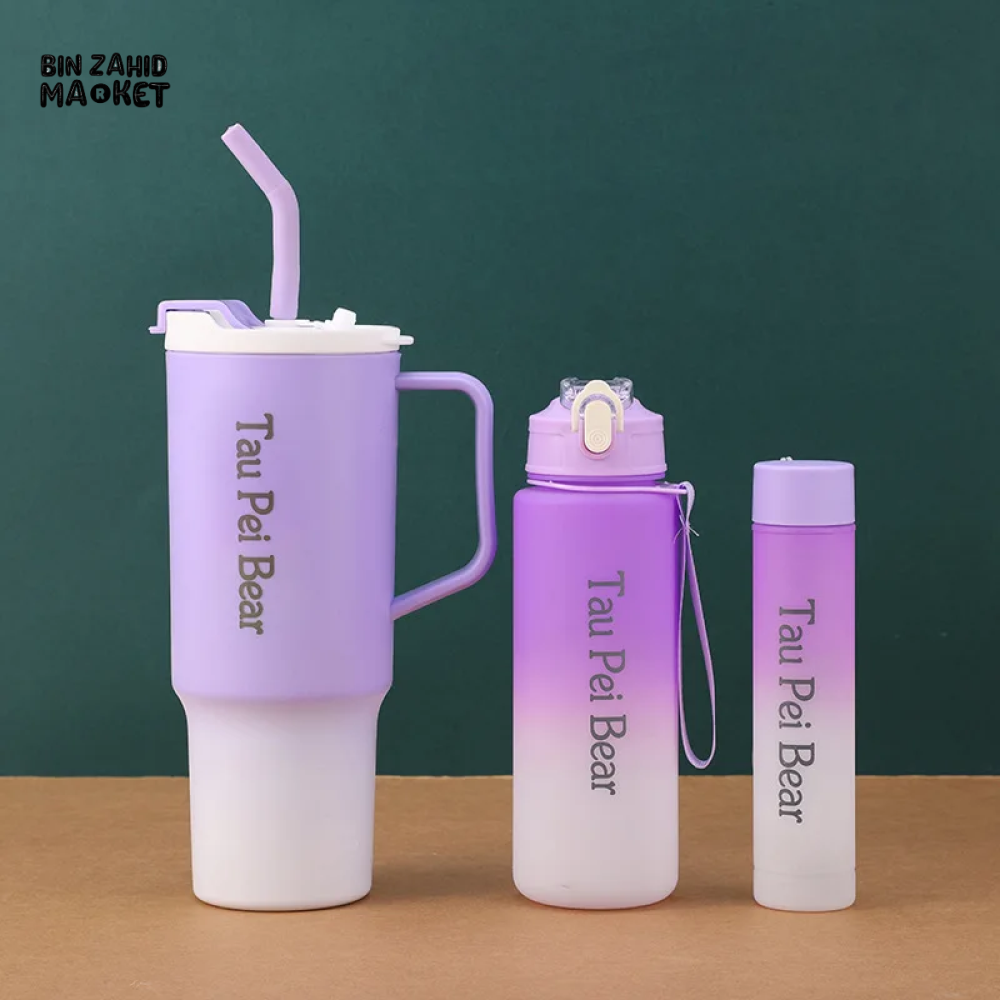 GRADIENT ICE BULLY CUP SET SOLID COLOR CAR CUP - 3-PIECE STRAW & LETTERED PLASTIC TUMBLER SET