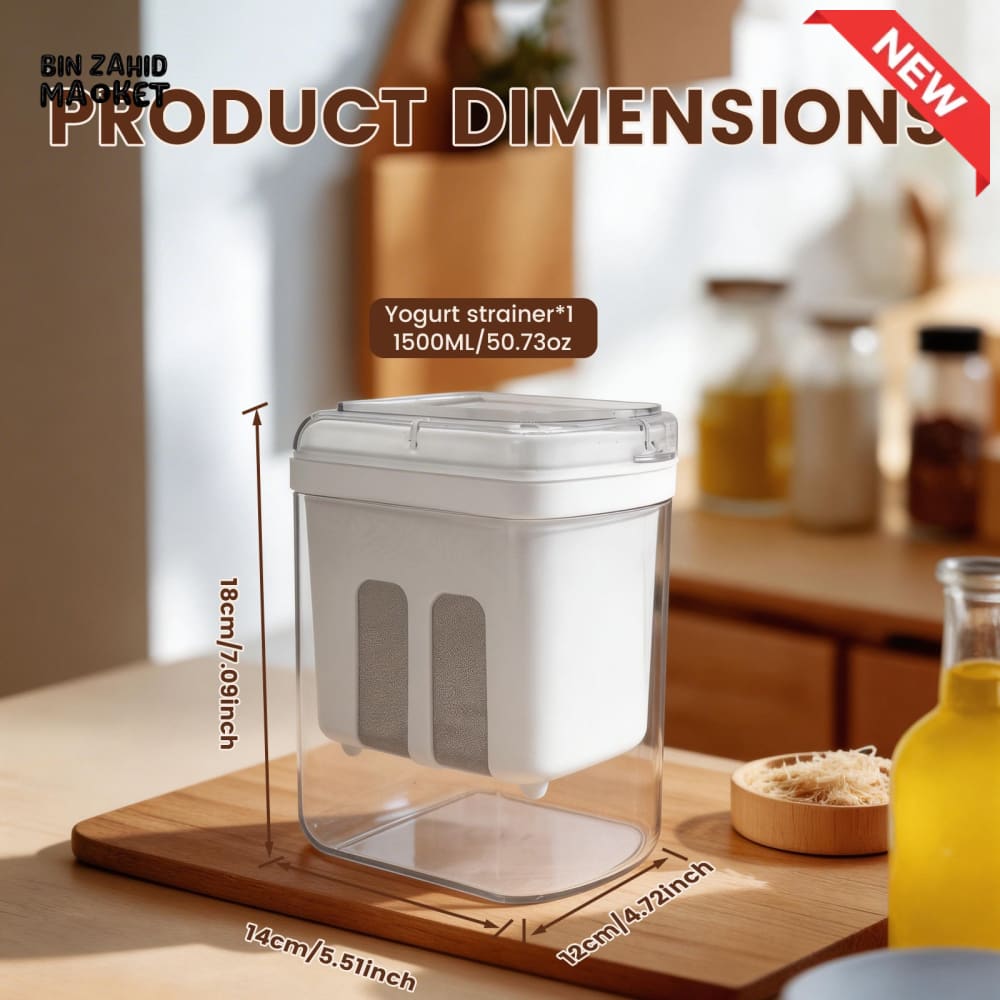 GREEK YOGURT MAKER & FILTER SIEVE – WHEY SEPARATOR & CHEESE MOISTURE STRAINER KITCHEN TOOL 1500ML - ROUNDED SQUARE