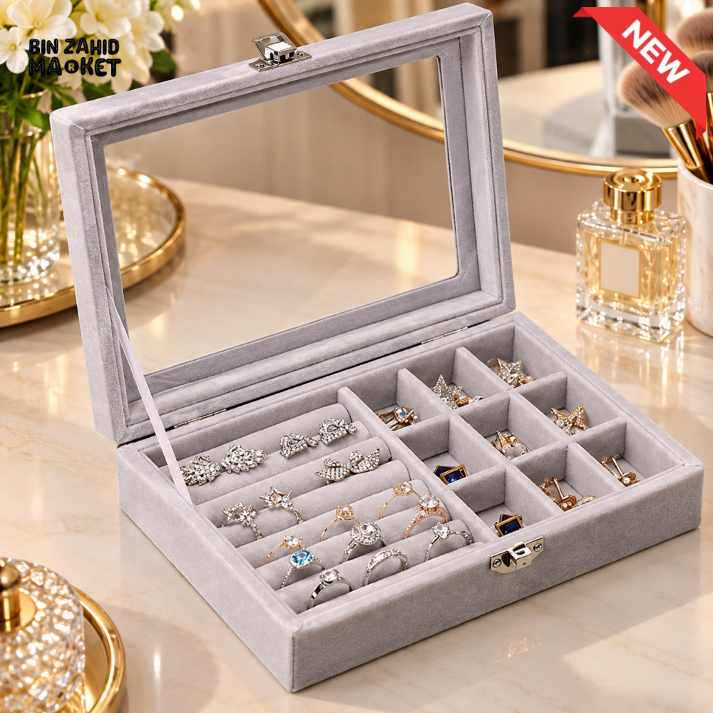 GREY VELVET JEWELRY ORGANIZER BOX WITH TRANSPARENT DISPLAY LID
