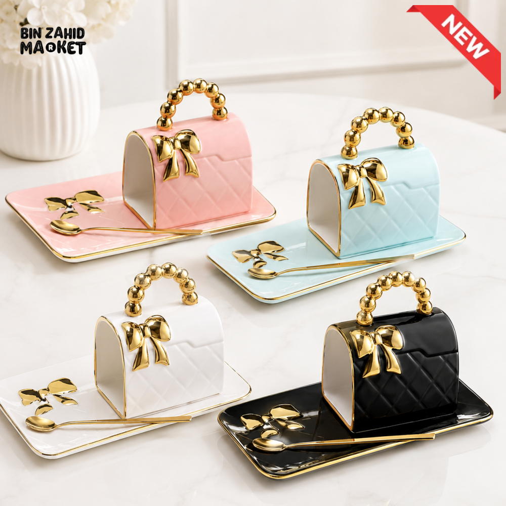 HANDBAG DESIGN CERAMIC MUG WITH TRAY & SPOON