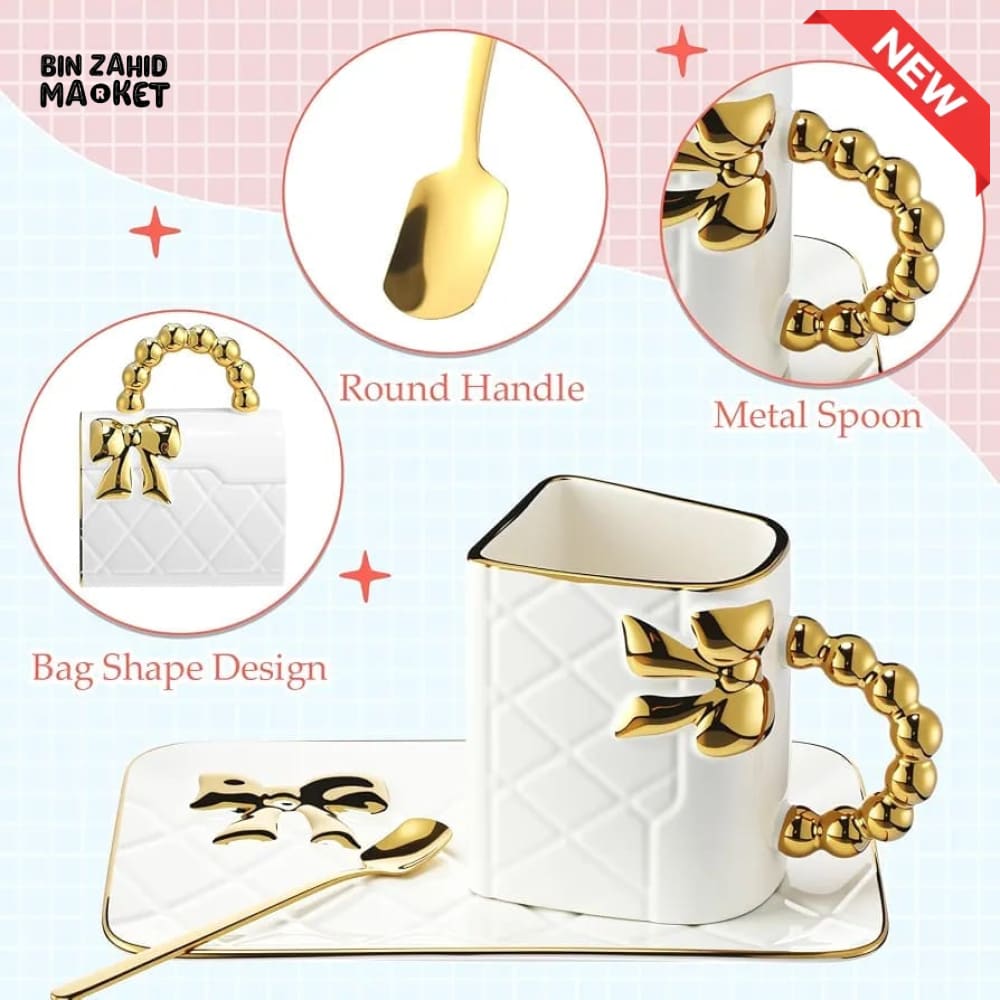 HANDBAG DESIGN CERAMIC MUG WITH TRAY & SPOON