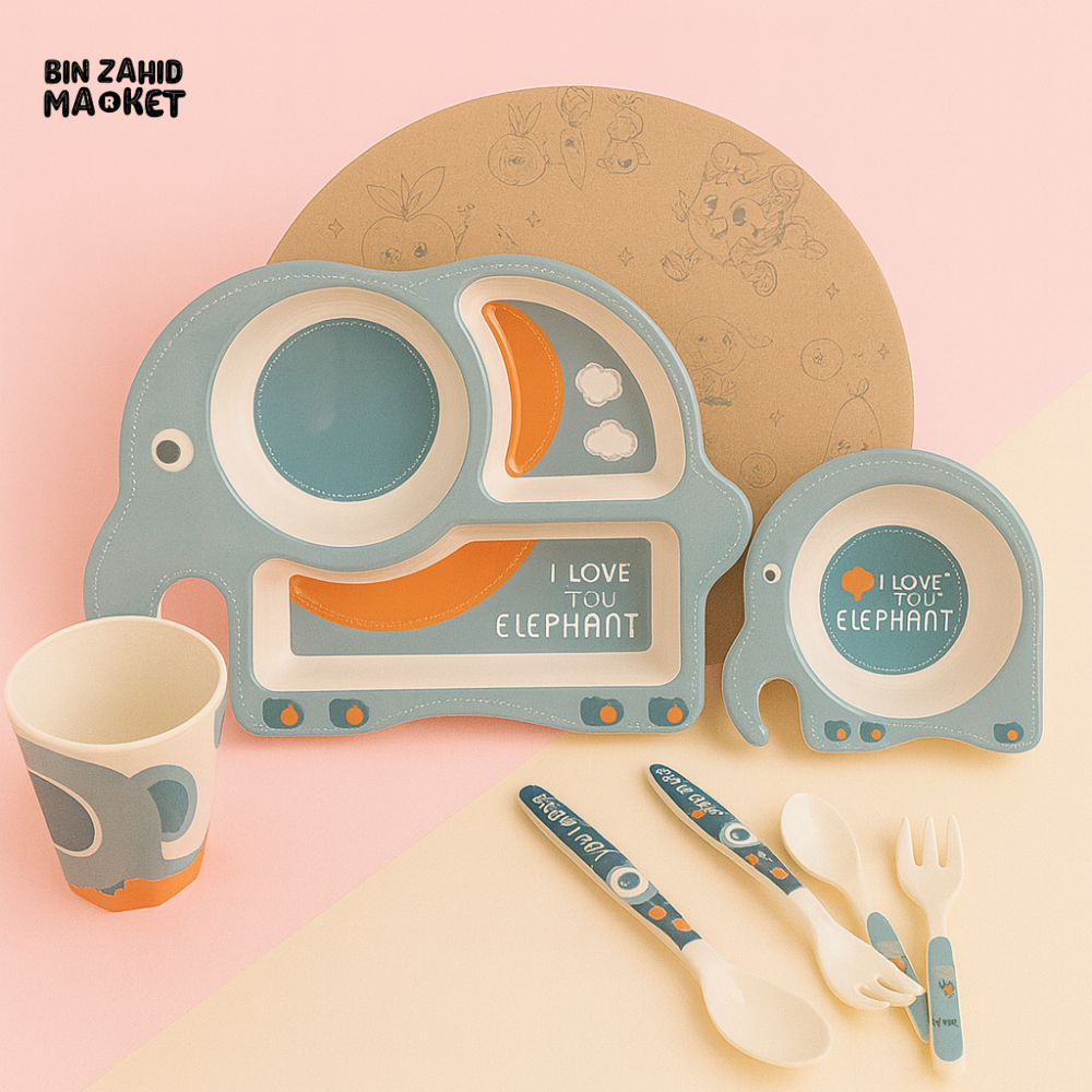 HAPPIMUMS 5IN1 KIDS FEEDING SET - BLUE ELEPHANT
