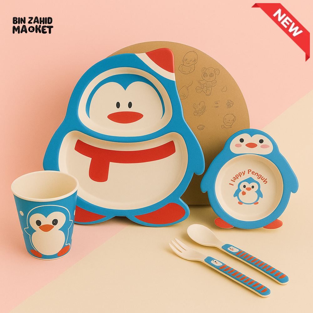 HAPPIMUMS 5IN1 KIDS FEEDING SET - BLUE PENGUIN