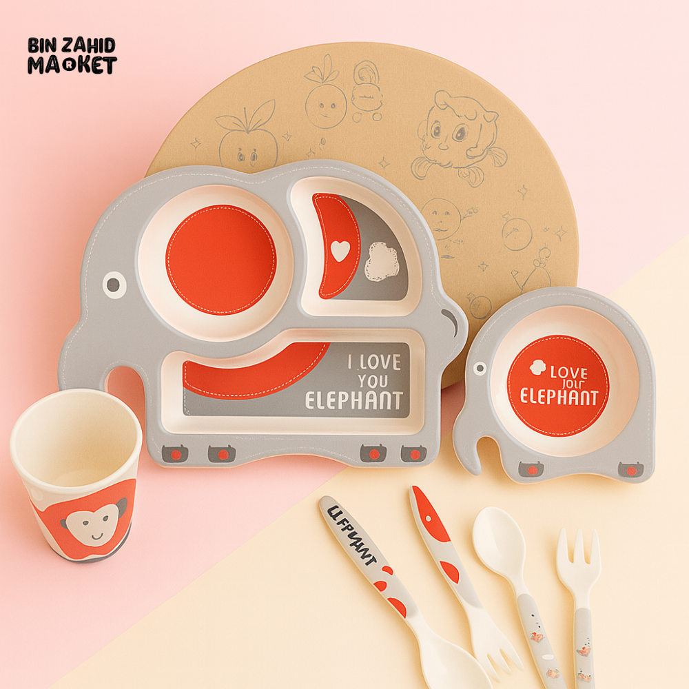 HAPPIMUMS 5IN1 KIDS FEEDING SET - GREY ELEPHANT