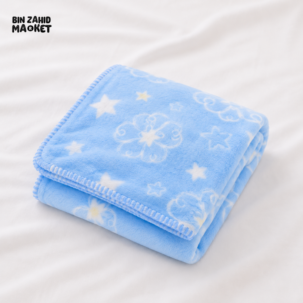 HAPPIMUMS BABY PLUSH SLEEPING BLANKET DOUBLE PLY BLUE STAR & FLOWER 110 x 80 - BLUE