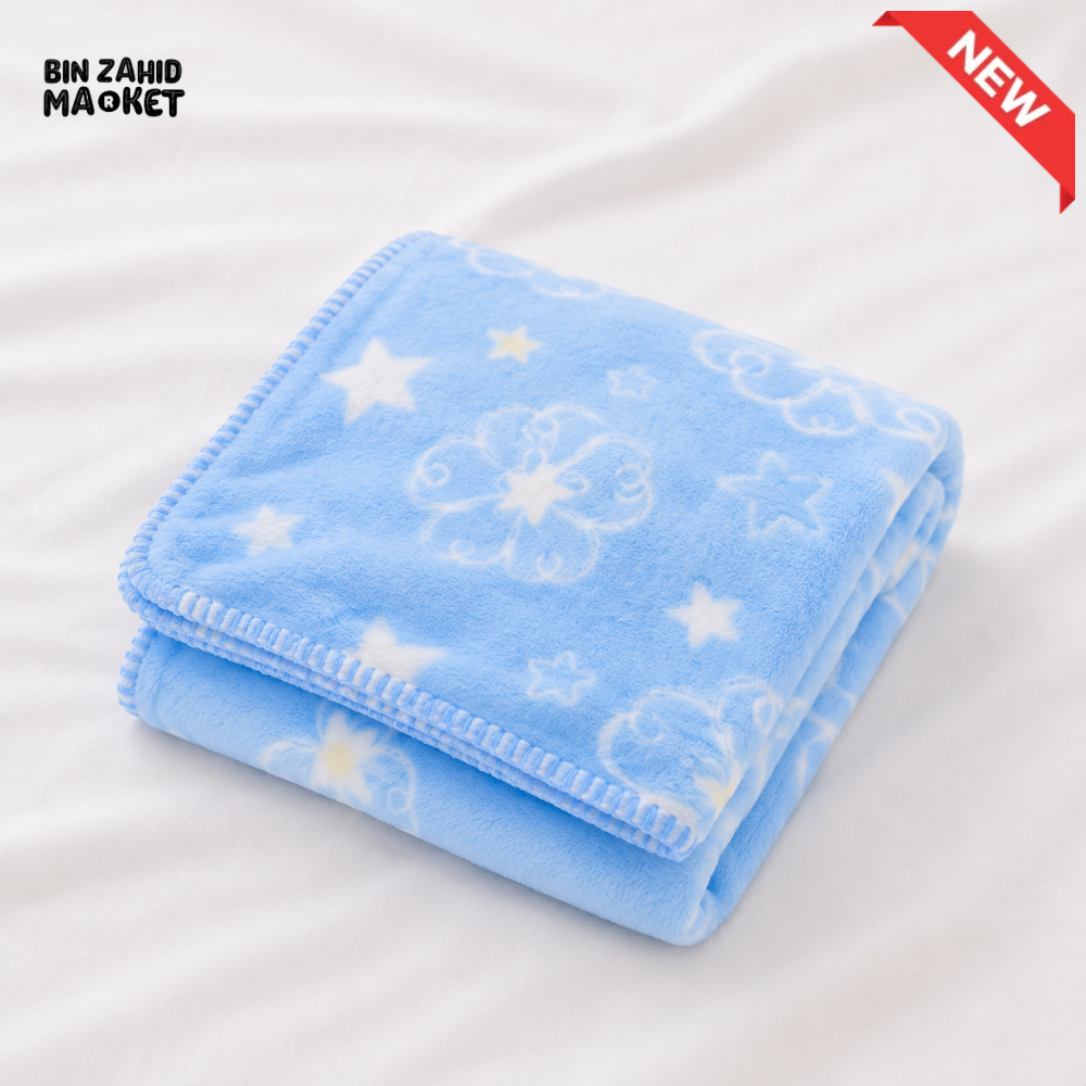 HAPPIMUMS BABY PLUSH SLEEPING BLANKET DOUBLE PLY BLUE STAR & FLOWER 110 x 80 - BLUE