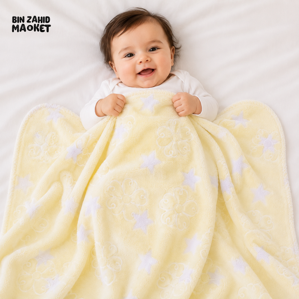 HAPPIMUMS BABY PLUSH SLEEPING BLANKET DOUBLE PLY BLUE STAR & FLOWER 110 x 80 - CREAM